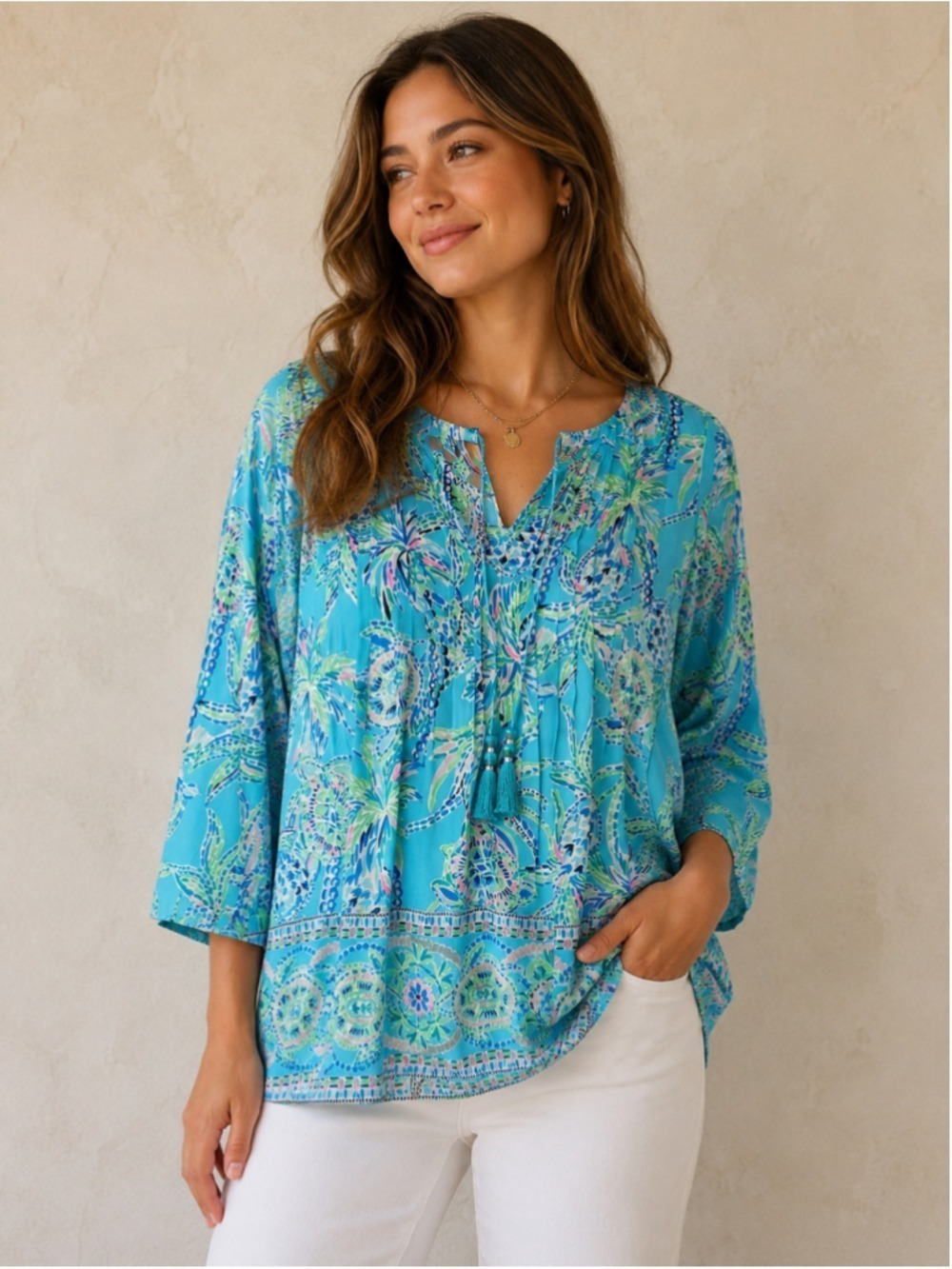 Lilly Pulitzer Size S Blue Tropical Print Tassel Tie 3/4 Sleeve Blouse Top
